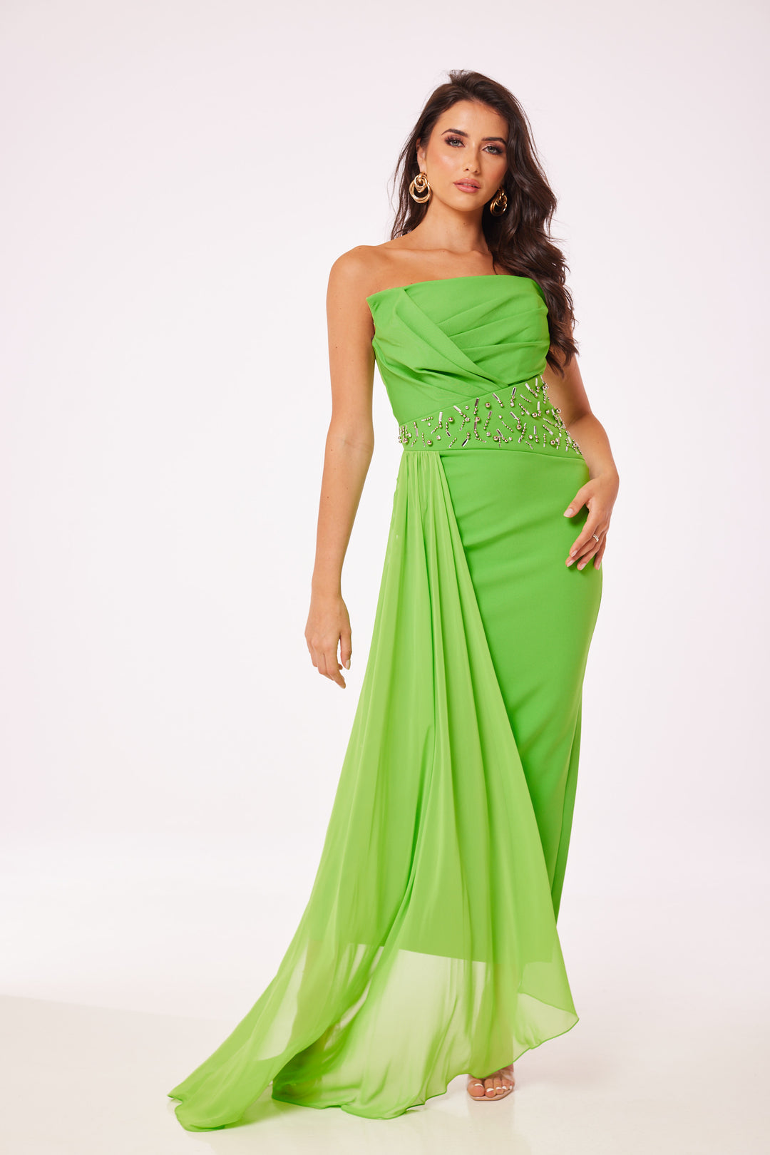 Green Strapless Jewelled Drape Midi Dress