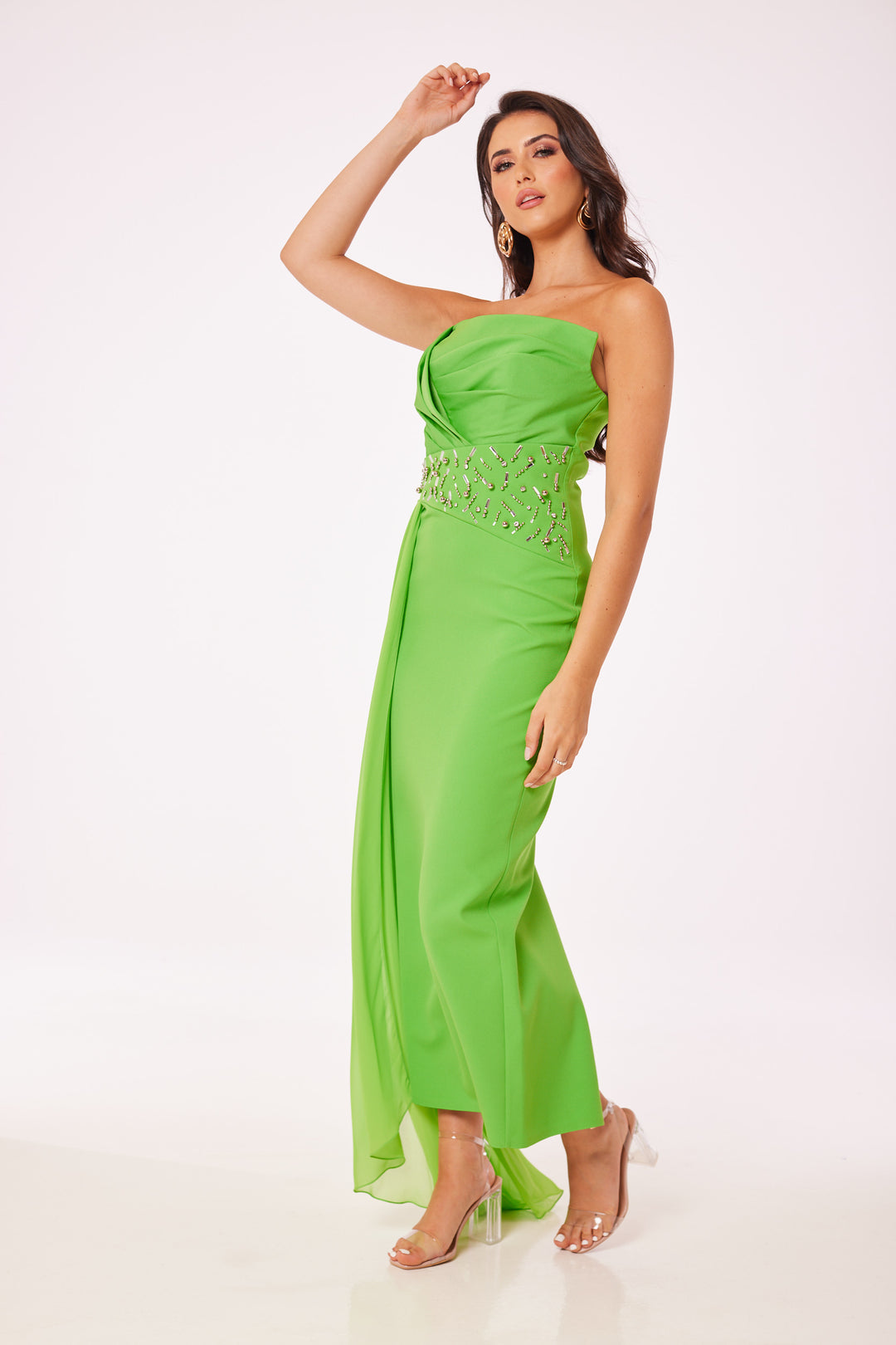 Green Strapless Jewelled Drape Midi Dress
