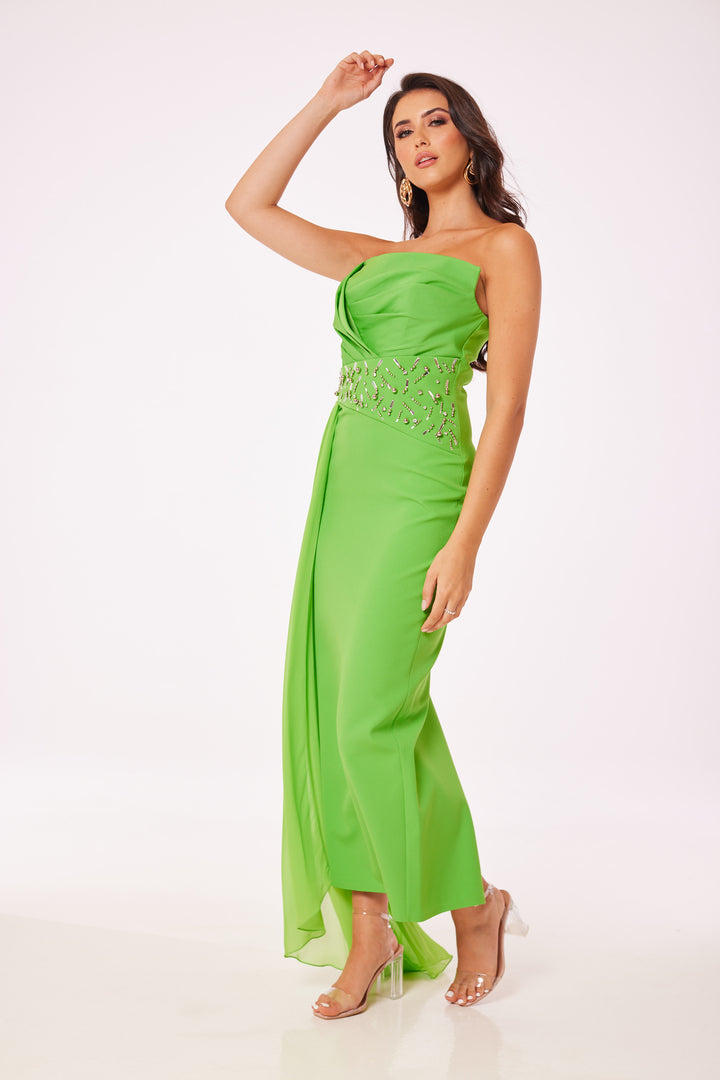 Green Strapless Jewelled Drape Midi Dress