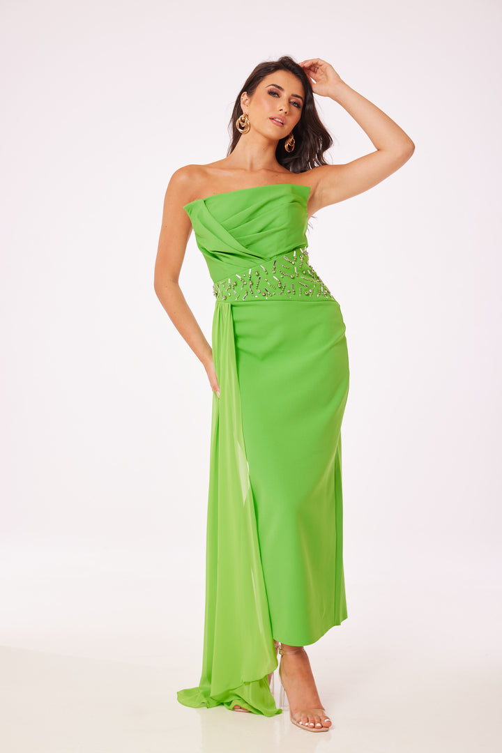 Green Strapless Jewelled Drape Midi Dress