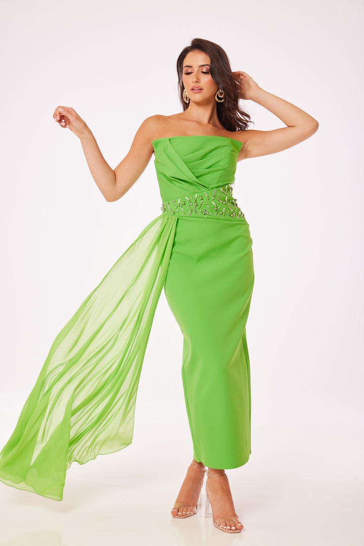 Green Strapless Jewelled Drape Midi Dress
