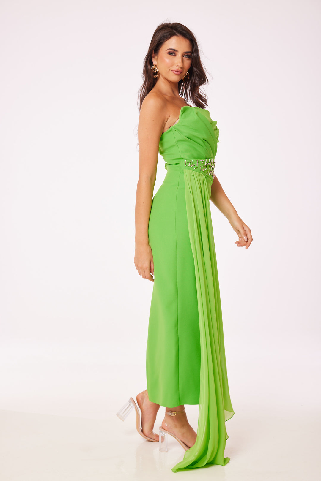 Green Strapless Jewelled Drape Midi Dress