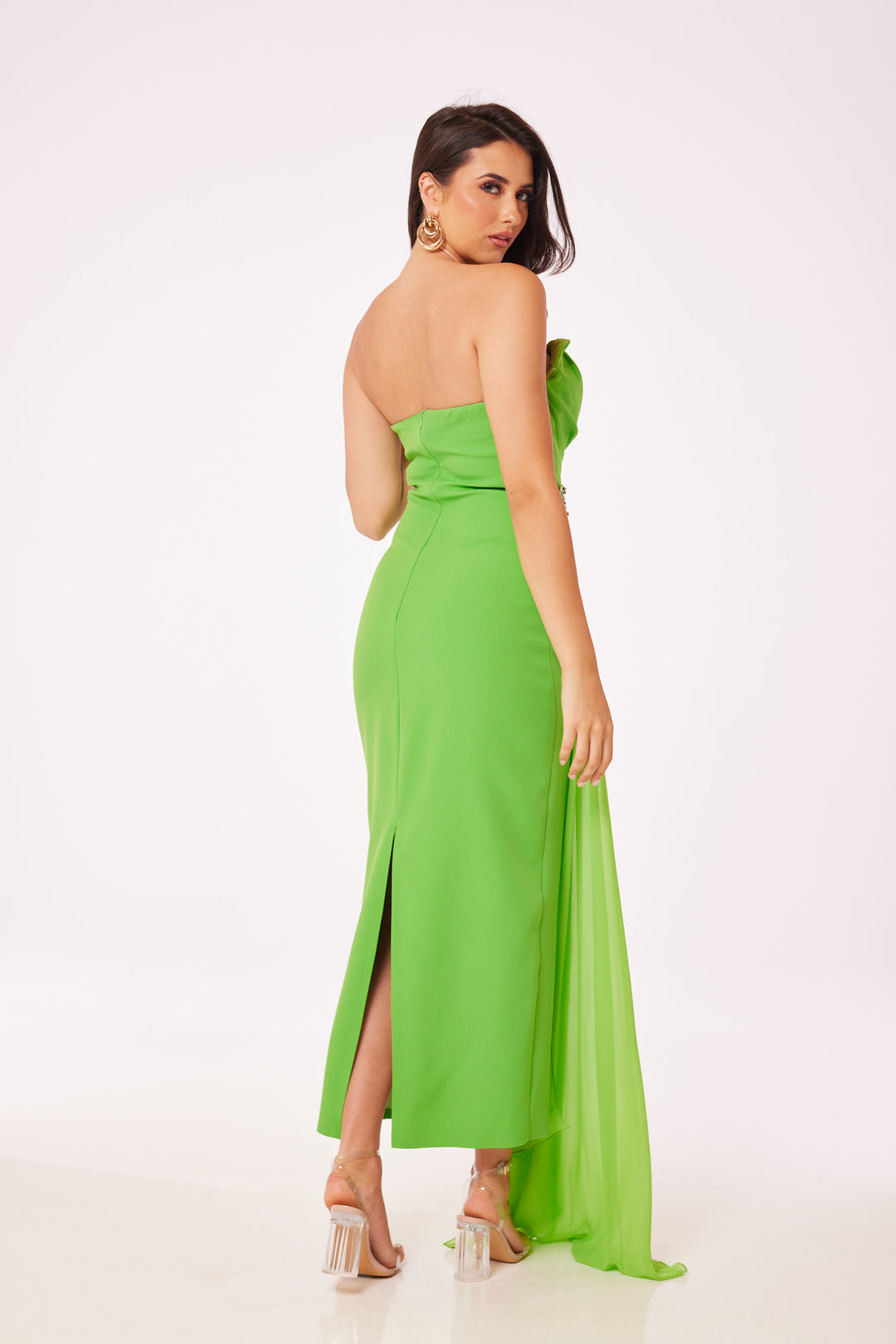 Green Strapless Jewelled Drape Midi Dress