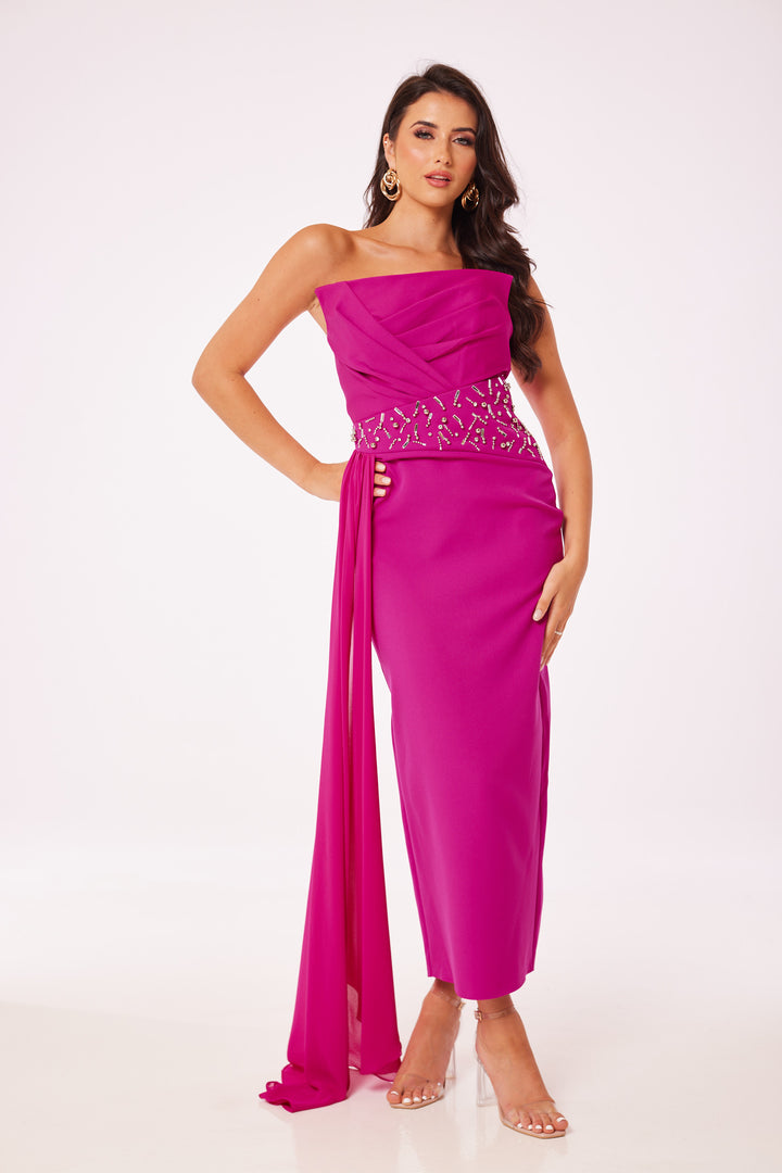 Fuschia Strapless Jewelled Drape Midi Dress