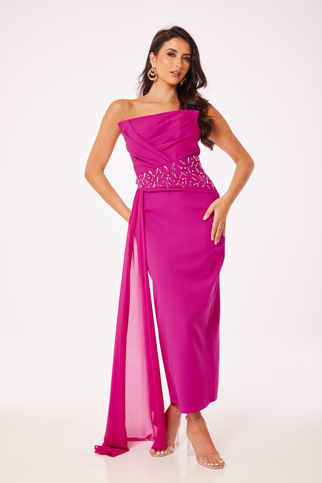 Fuschia Strapless Jewelled Drape Midi Dress