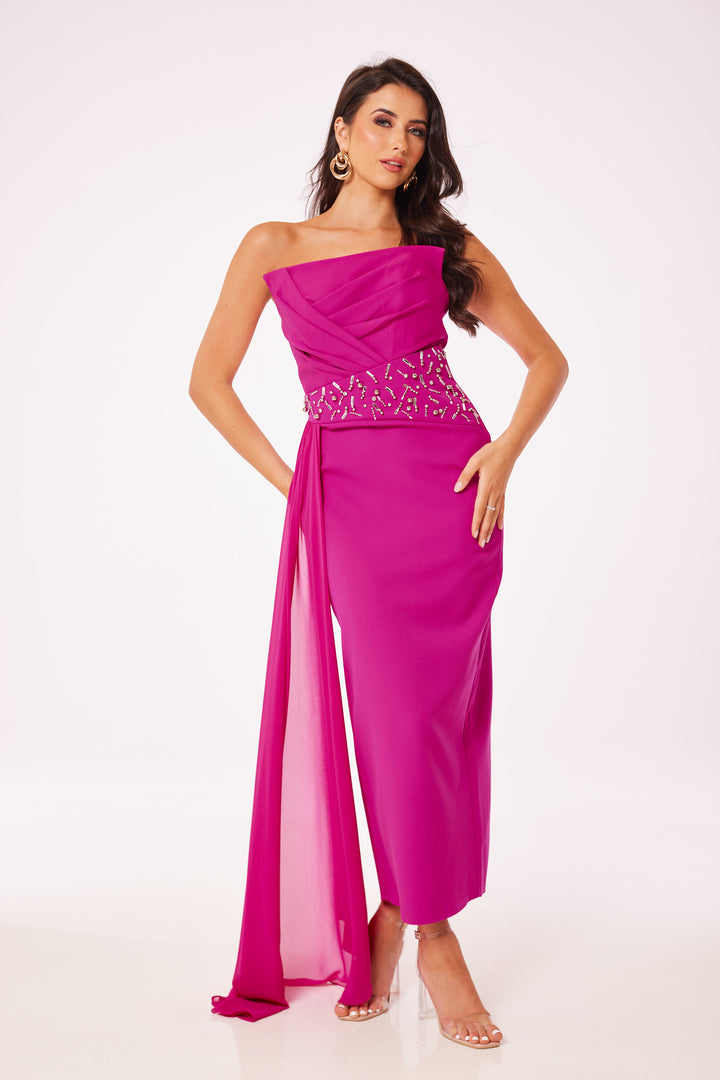 Fuschia Strapless Jewelled Drape Midi Dress