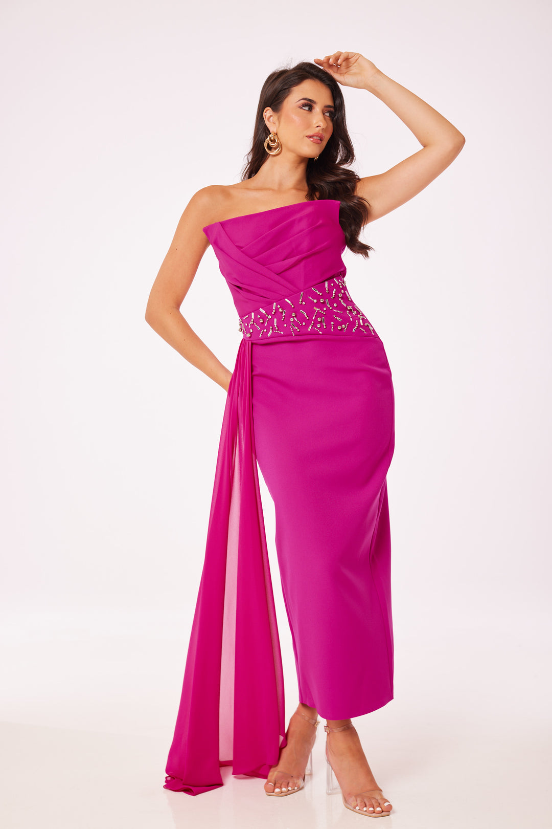 Fuschia Strapless Jewelled Drape Midi Dress