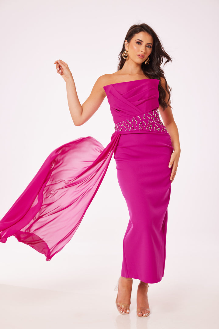 Fuschia Strapless Jewelled Drape Midi Dress