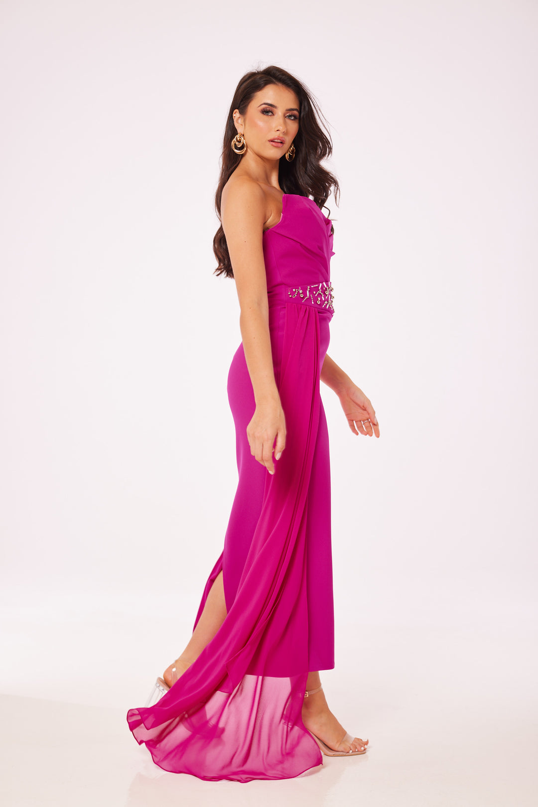 Fuschia Strapless Jewelled Drape Midi Dress