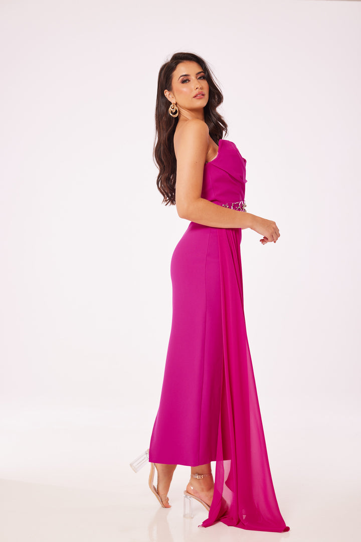 Fuschia Strapless Jewelled Drape Midi Dress