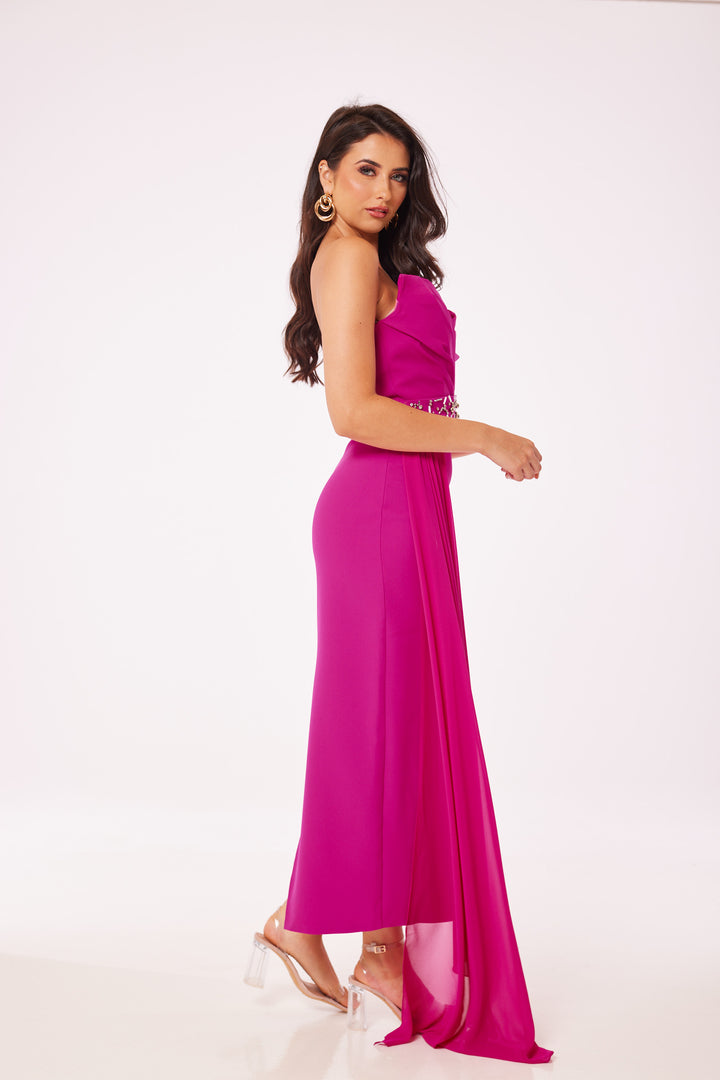 Fuschia Strapless Jewelled Drape Midi Dress