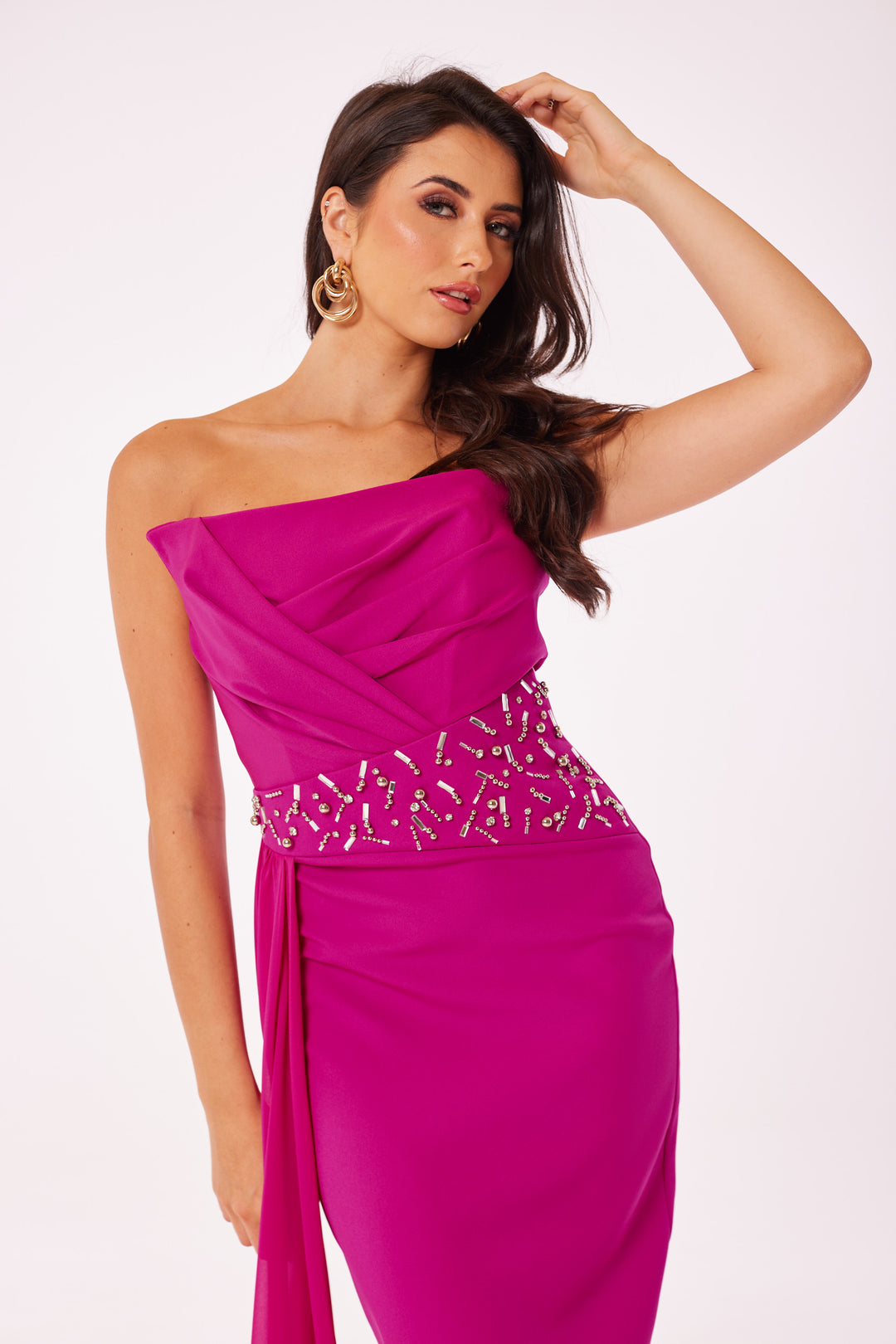Fuschia Strapless Jewelled Drape Midi Dress