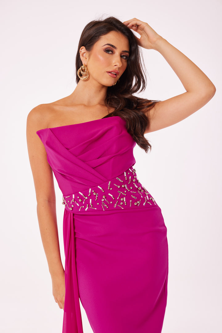 Fuschia Strapless Jewelled Drape Midi Dress