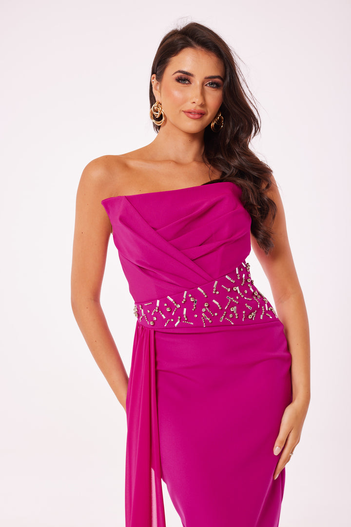 Fuschia Strapless Jewelled Drape Midi Dress