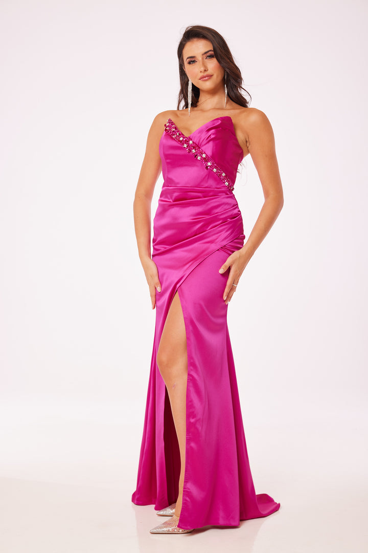 Fuschia Strapless Side Slit Maxi Dress