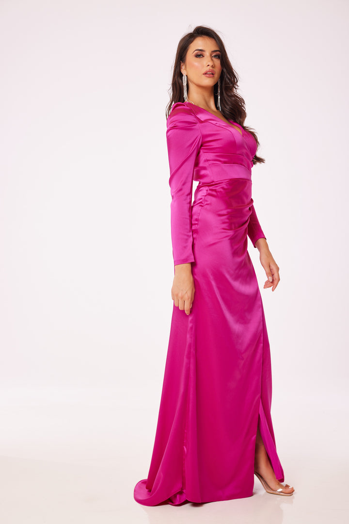 Fuschia Long Sleeve Side Slit Maxi Dress