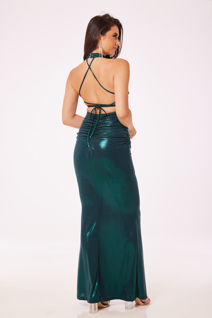 Metallic Jade Green Halterneck Maxi Dress