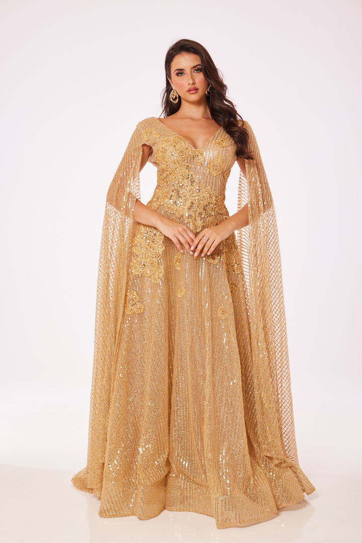 Gold Drape Sleeve Maxi Dress