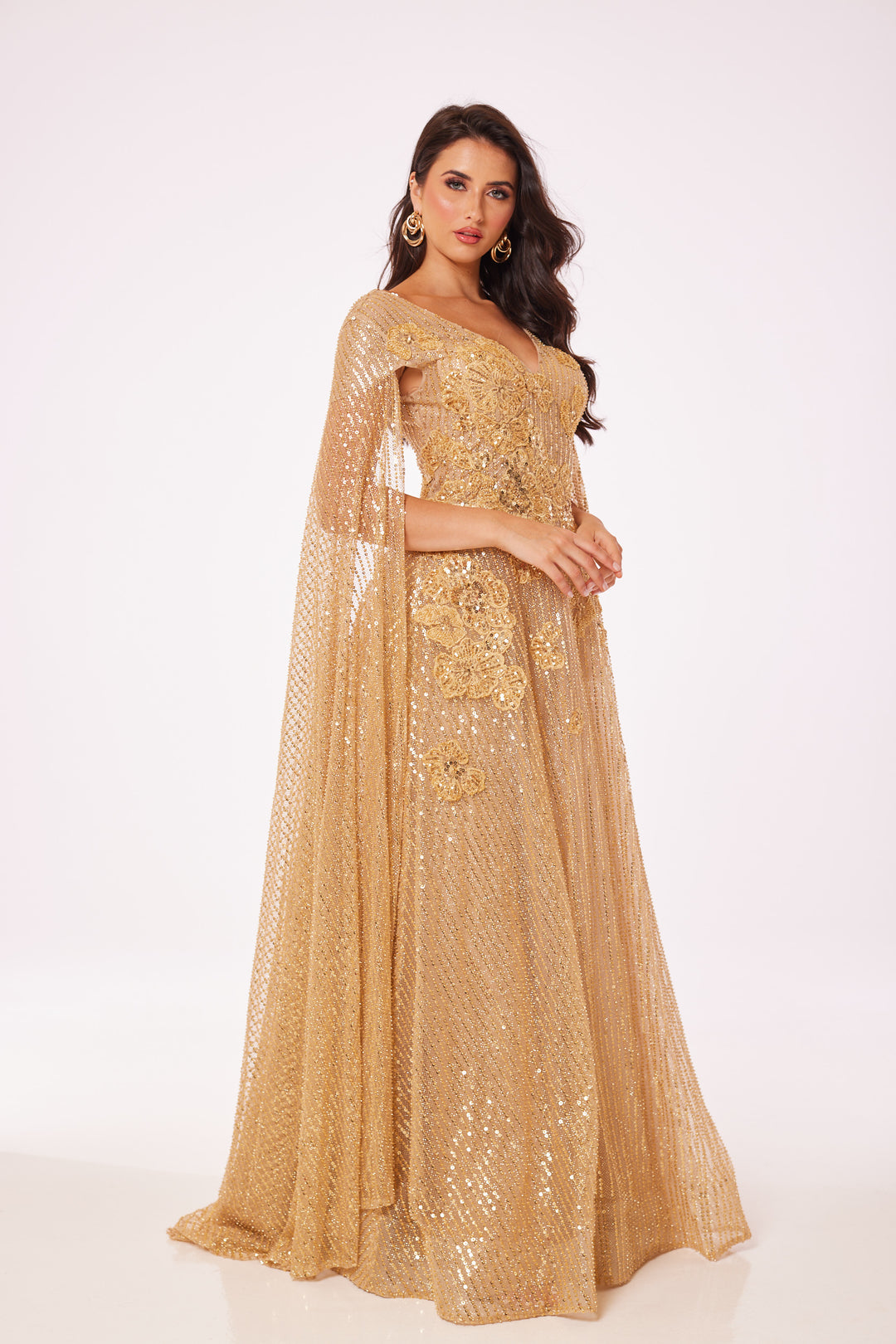 Gold Drape Sleeve Maxi Dress