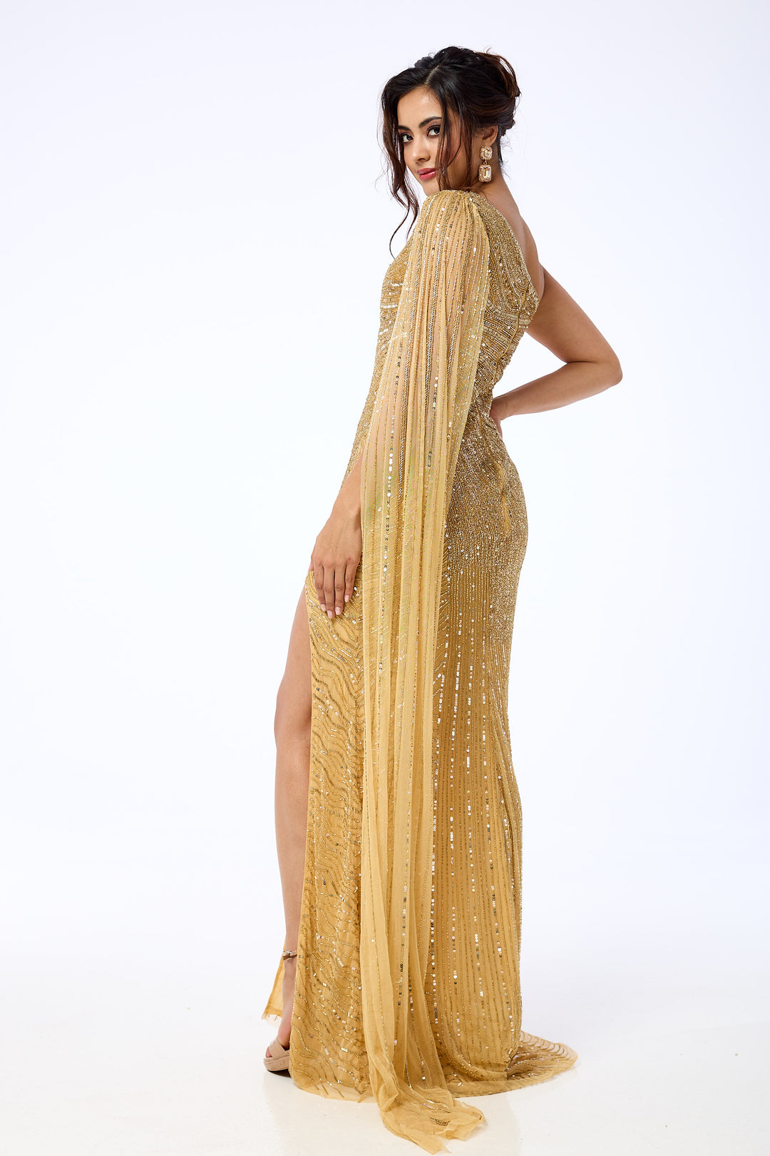 Orelena - Gold One Shoulder Drape Sequin Maxi Dress