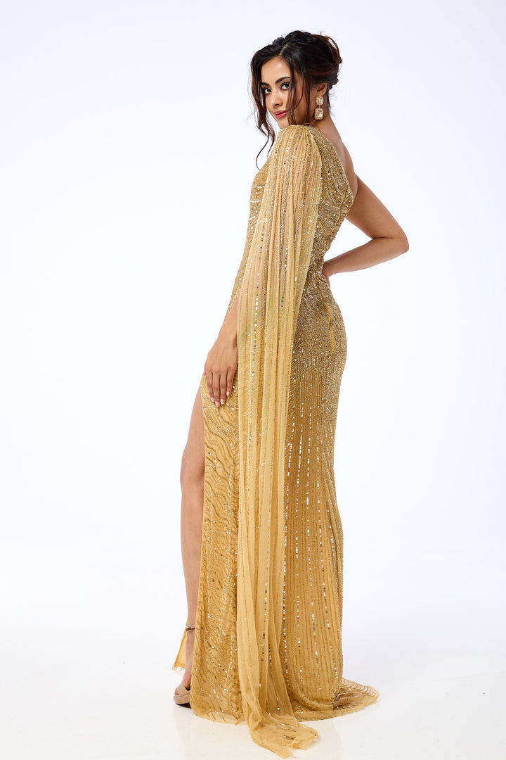 Orelena - Gold One Shoulder Drape Sequin Maxi Dress