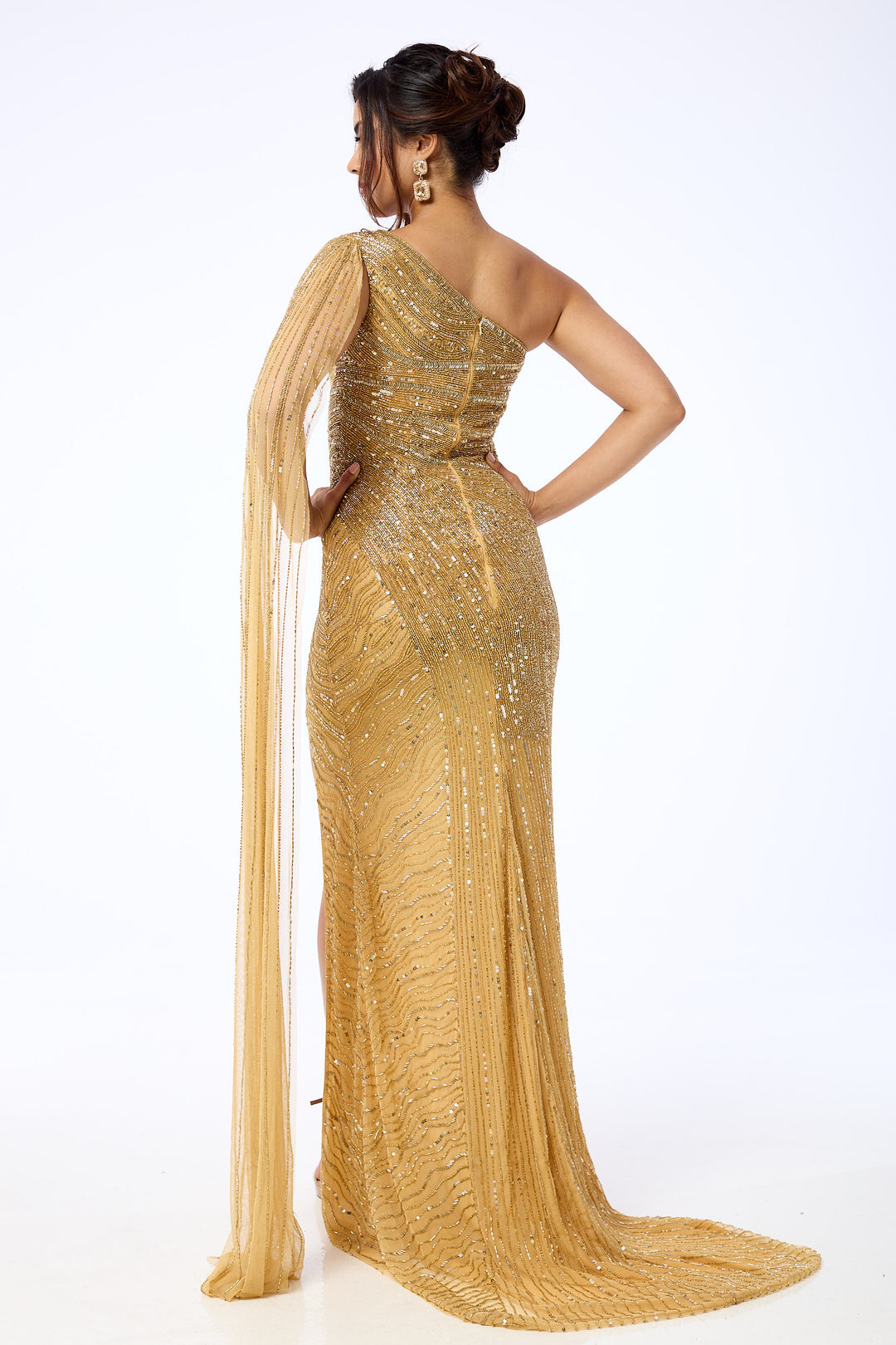 Orelena - Gold One Shoulder Drape Sequin Maxi Dress