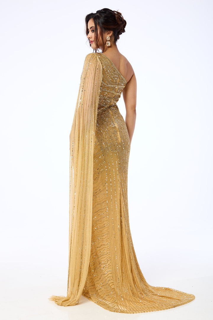 Orelena - Gold One Shoulder Drape Sequin Maxi Dress