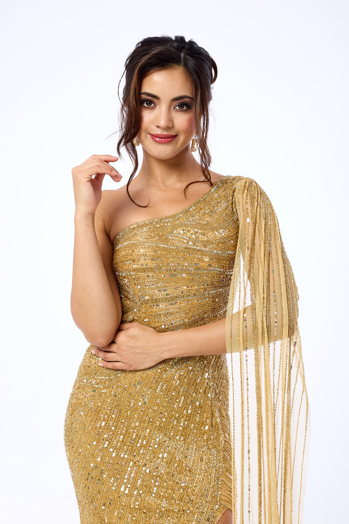 Orelena - Gold One Shoulder Drape Sequin Maxi Dress