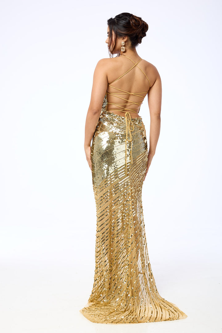 Arela - Gold Side Split Sequin Maxi Dress
