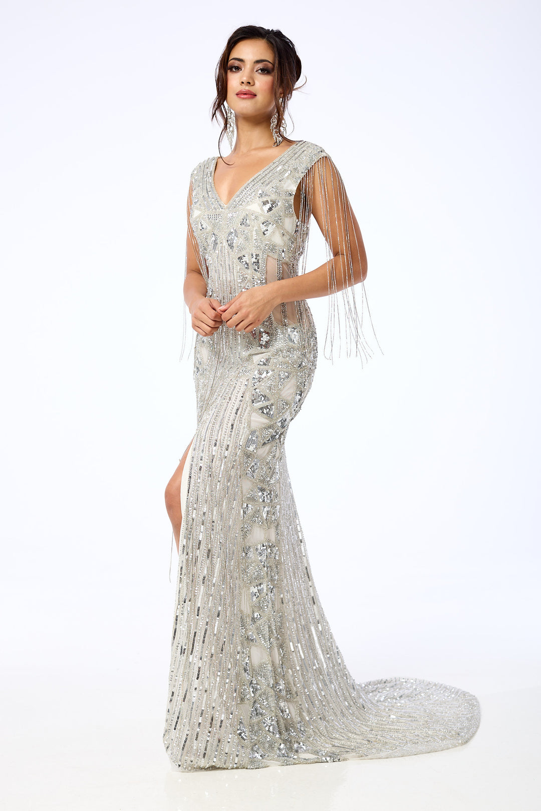 Arien - Silver Jewelled Sequin Maxi Dress