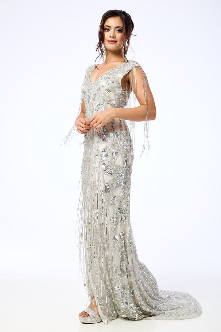 Arien - Silver Jewelled Sequin Maxi Dress