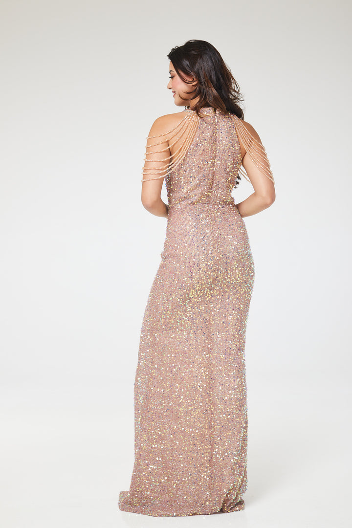 Gold Halterneck Jewelled Shoulder Sequin Maxi Dress
