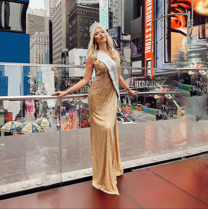 Orelena - Gold One Shoulder Drape Sequin Maxi Dress