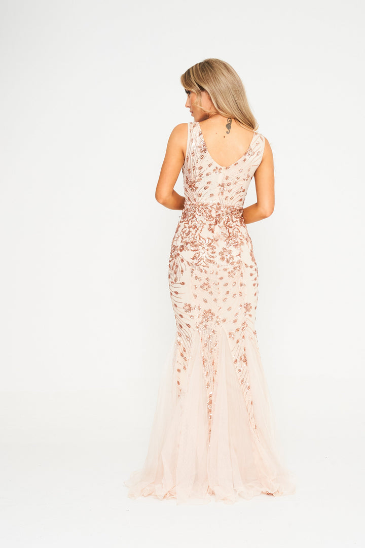 Ember - Champagne Mesh Sequin Maxi Dress