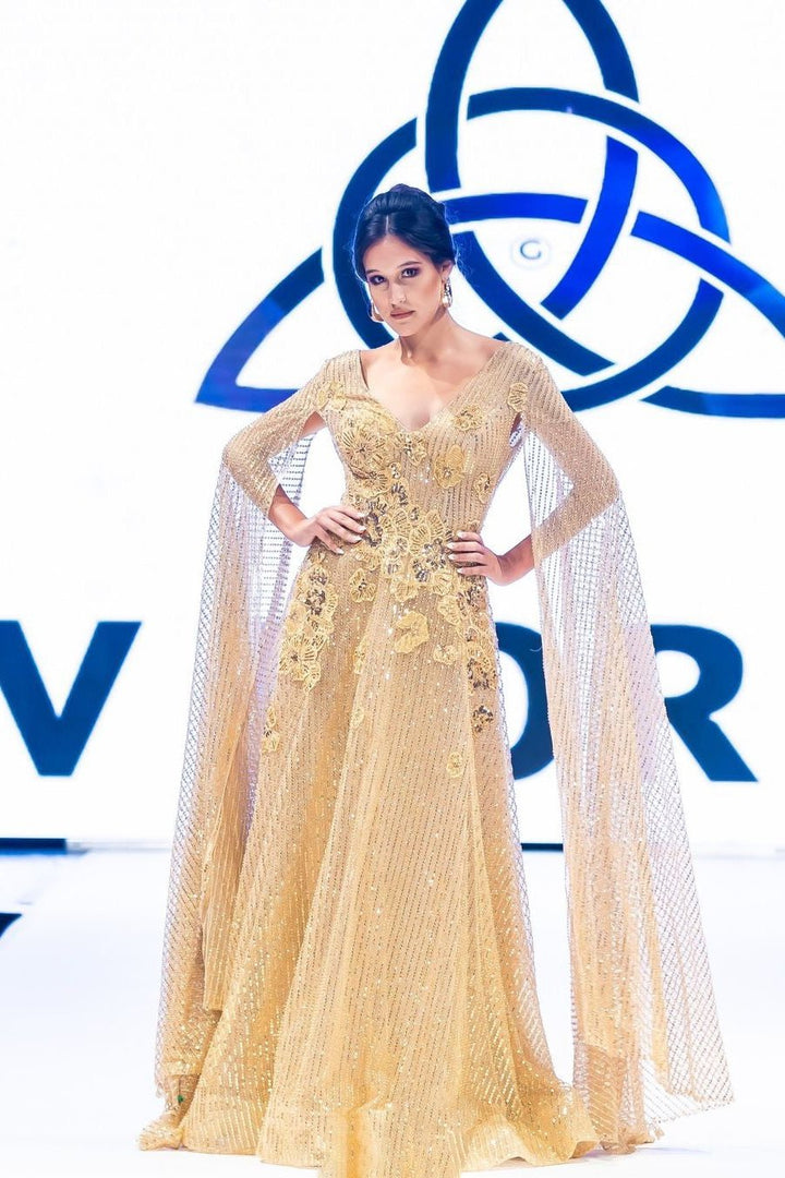 Gold Drape Sleeve Maxi Dress