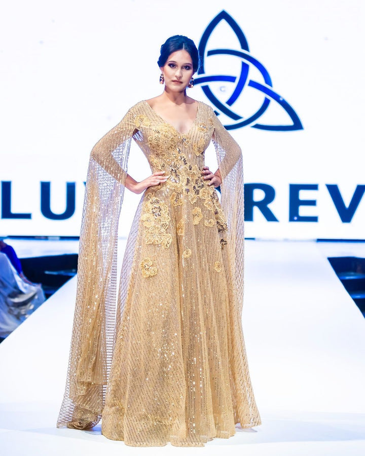 Gold Drape Sleeve Maxi Dress