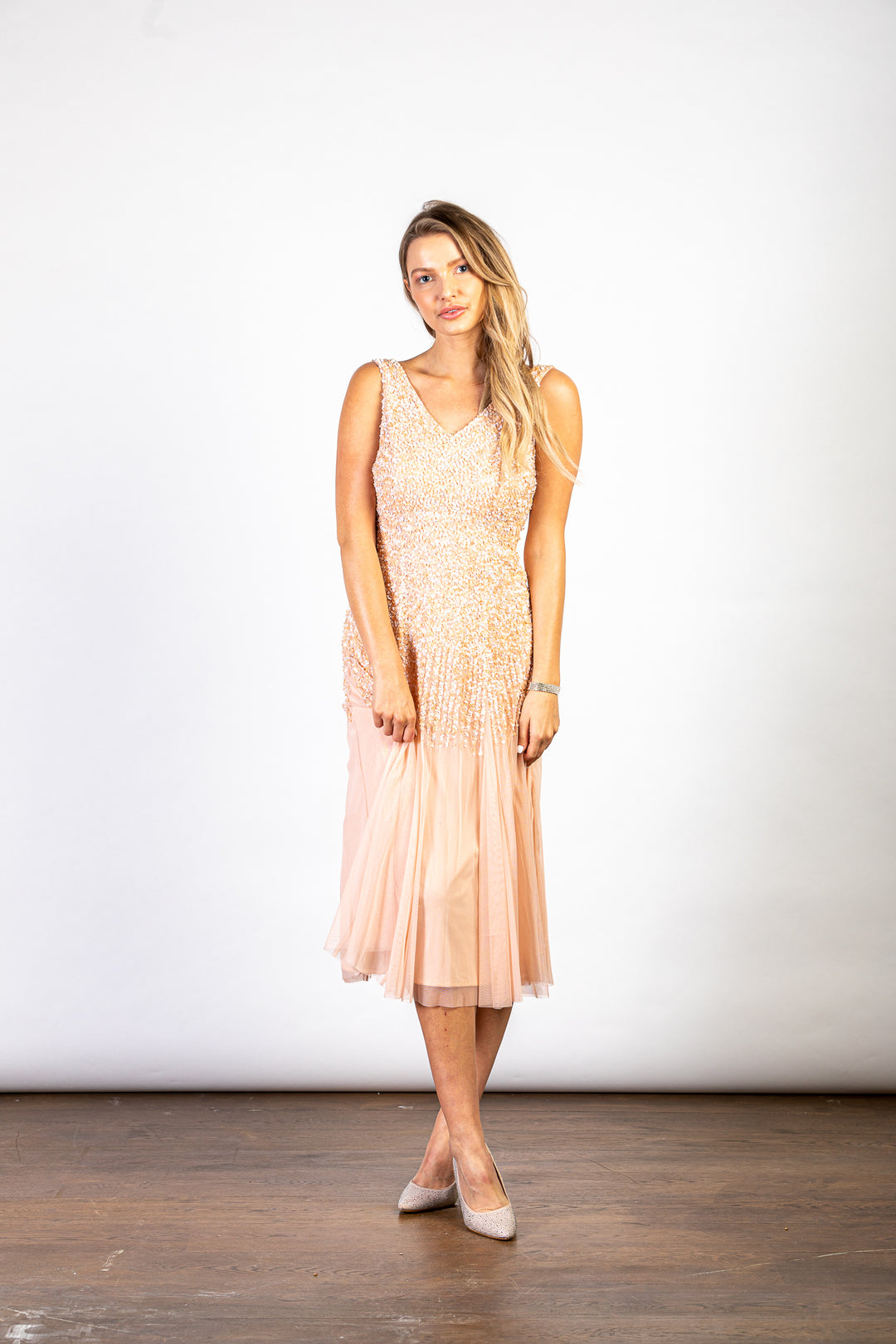 LuvForever Handmade Peach Sequin V-Neck Midi Dress Front View