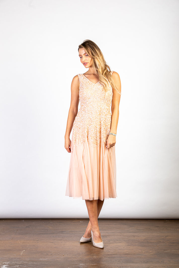 LuvForever Handmade Peach Sequin V-Neck Midi Dress Front View 2
