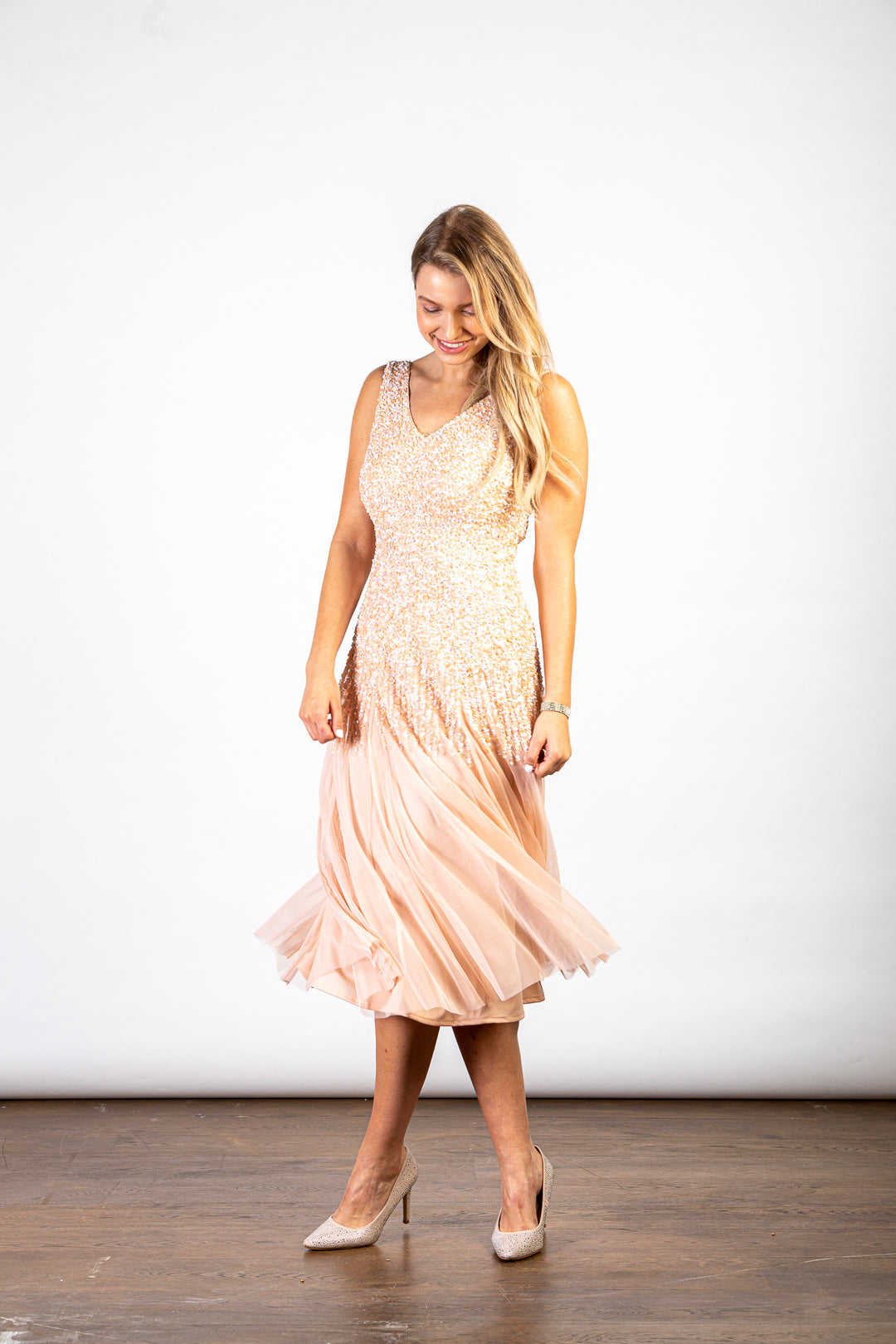 LuvForever Handmade Peach Sequin V-Neck Midi Dress Side View 2