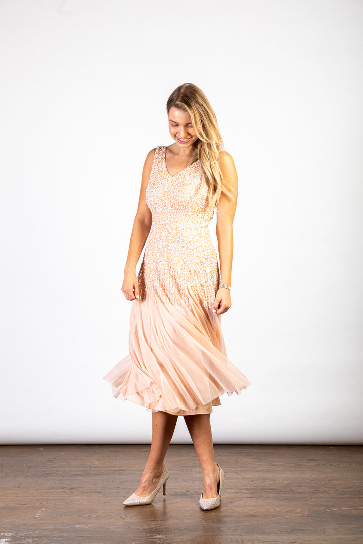 LuvForever Handmade Peach Sequin V-Neck Midi Dress Side View 2