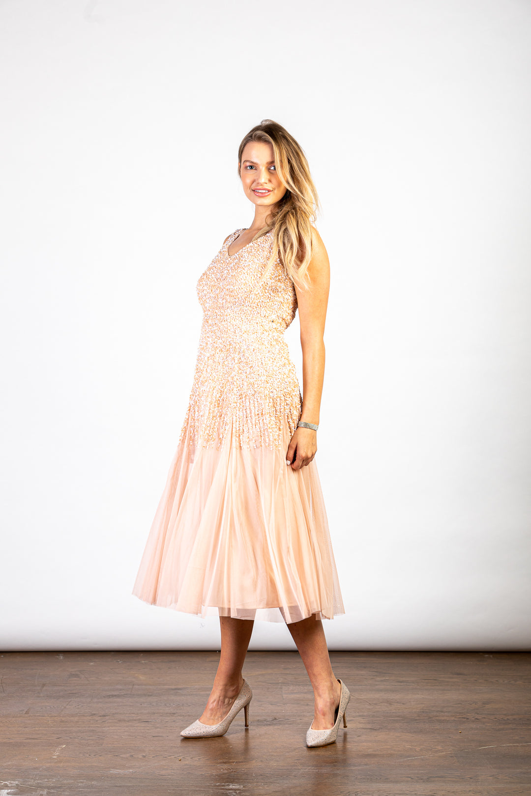 LuvForever Handmade Peach Sequin V-Neck Midi Dress Side On View