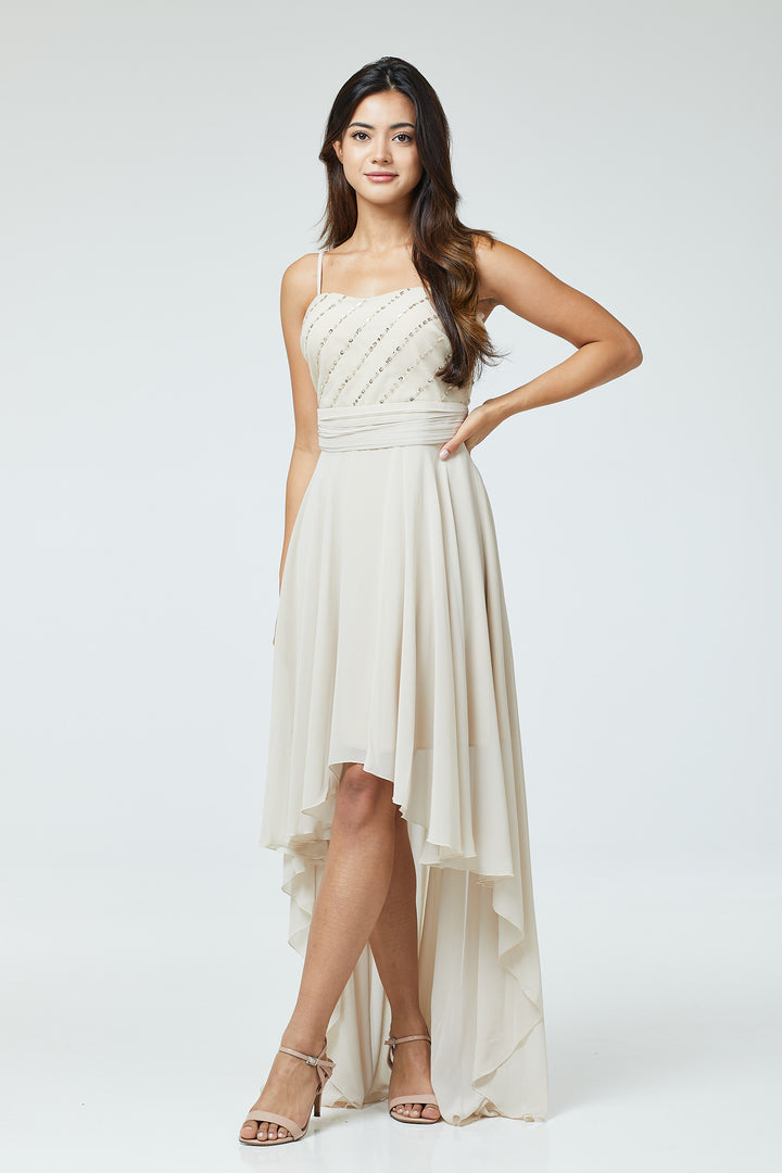 Nude Sequin Asymmetric Long Dress