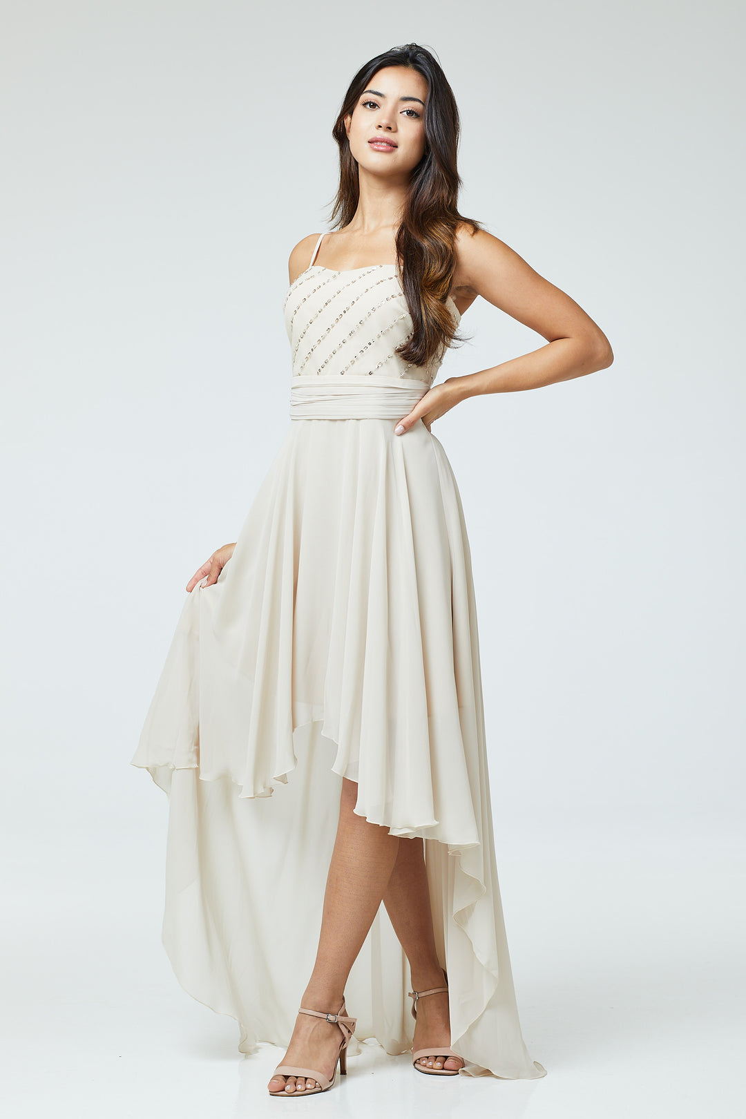 Nude Sequin Asymmetric Long Dress