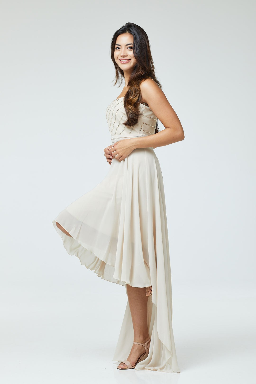 Nude Sequin Asymmetric Long Dress