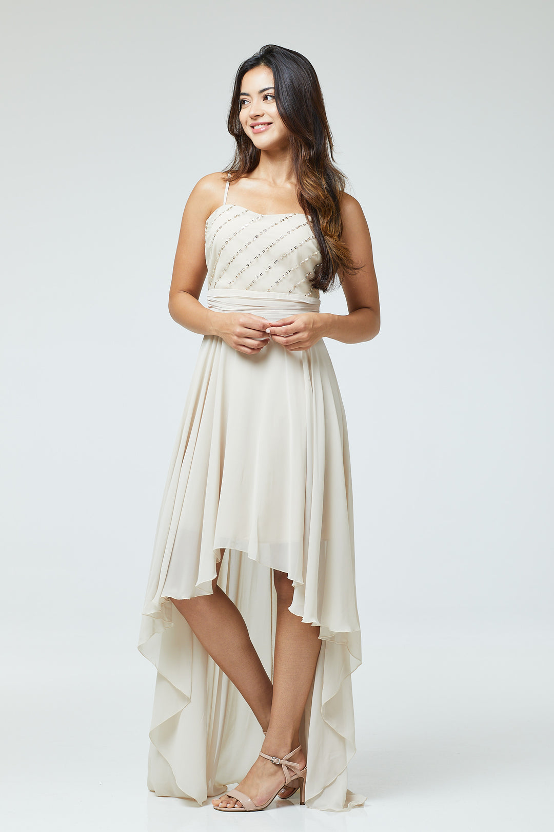 Nude Sequin Asymmetric Long Dress