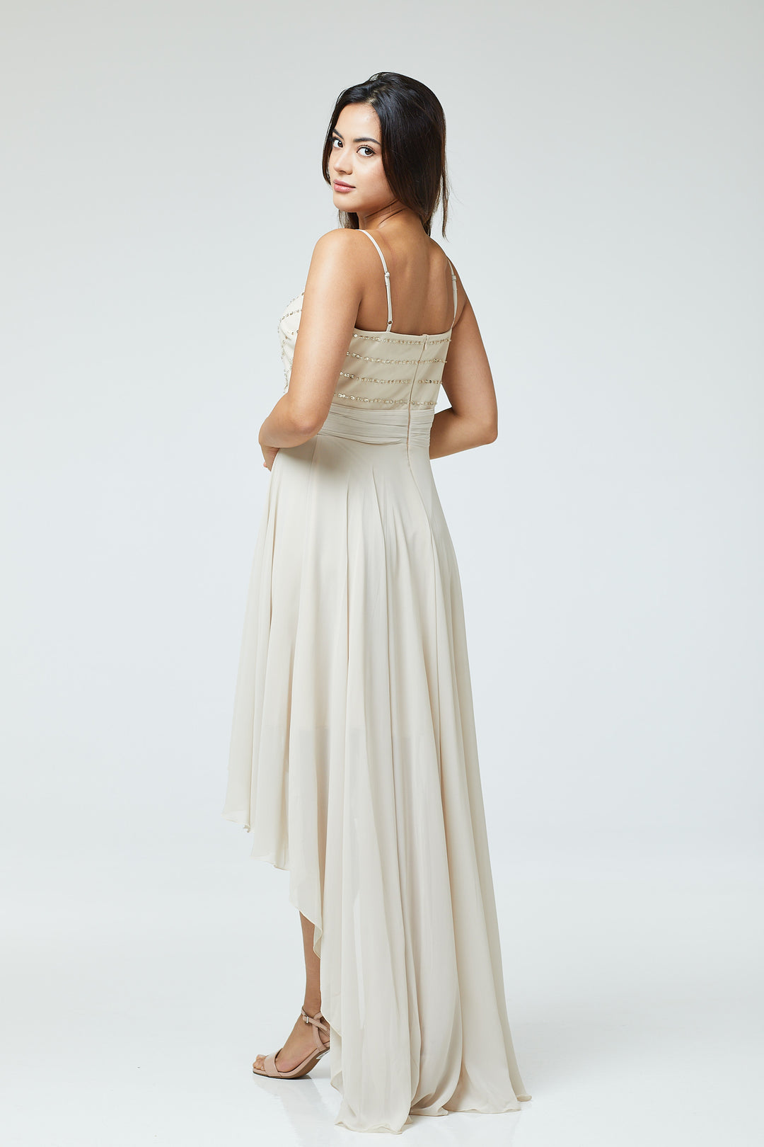 Nude Sequin Asymmetric Long Dress