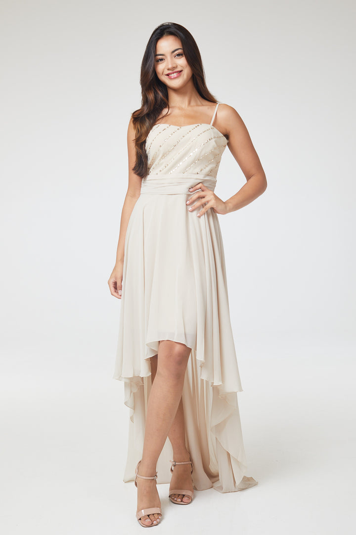 Nude Sequin Asymmetric Long Dress