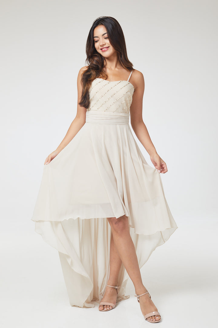 Nude Sequin Asymmetric Long Dress