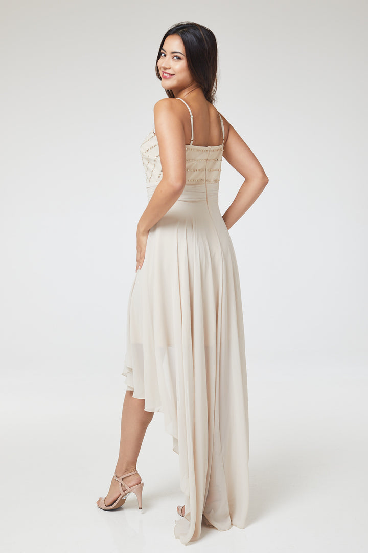 Nude Sequin Asymmetric Long Dress
