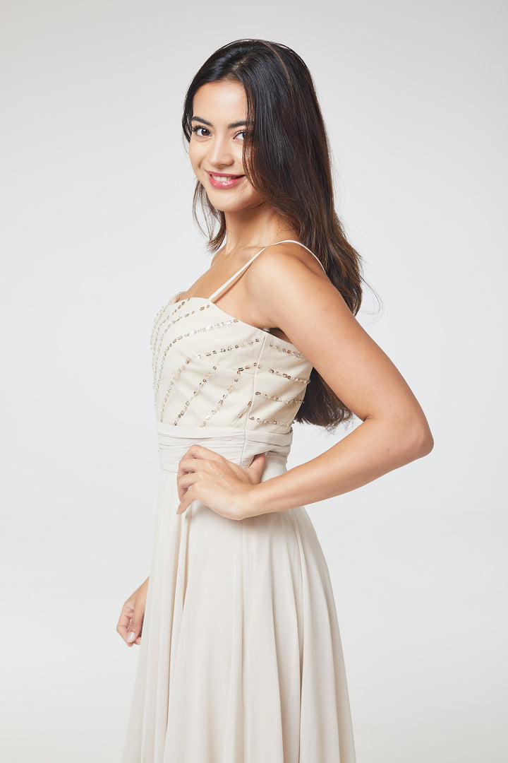 Nude Sequin Asymmetric Long Dress